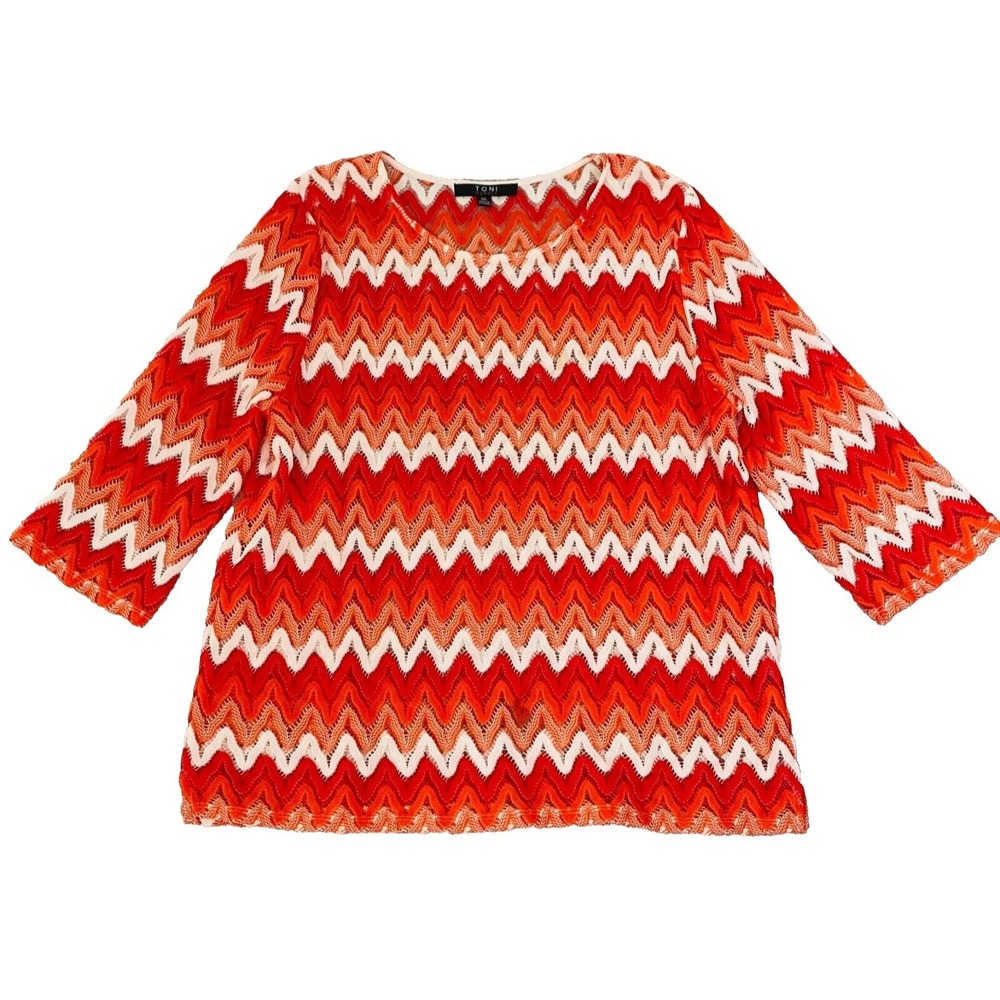 Toni Morgan Crochet Knit Top Women XXL Orange Red Great Chevron 3/4 Sleeve Blous